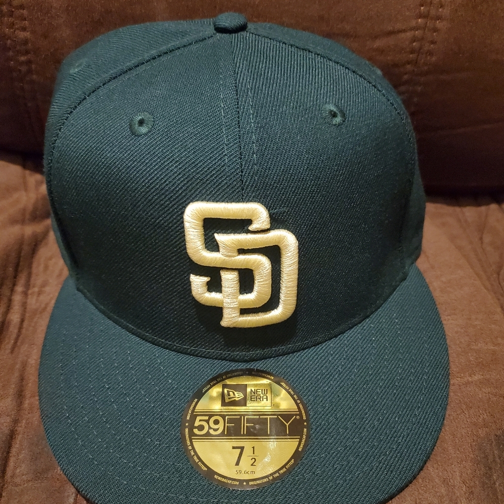 SAN DEIGO PADRES NEW ERA 59FIFTY HAT 7 1/3 DARK GREEN W YELLOW UV 50 YEAR SIDE P